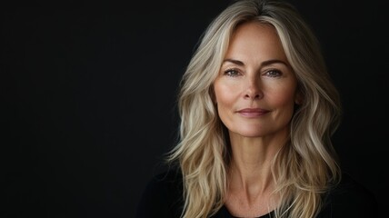 Fototapeta premium Portrait fashion shoot of a beautiful blonde middle aged female model nice contented expression and slight smile on a isolated studio background. Attractive, confident woman smiling softly