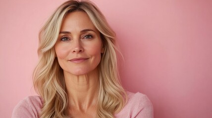 Fototapeta premium Portrait fashion shoot of a beautiful blonde middle aged female model nice contented expression and slight smile on a isolated studio background. Attractive, confident woman smiling softly