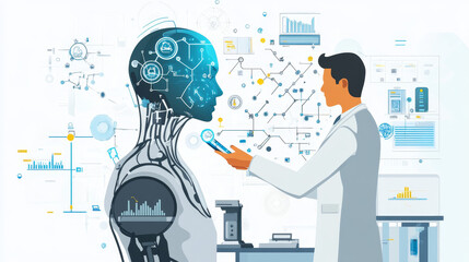 "Show a human working with a machine or computer, interacting with a holographic interface to feed data or refine algorithms, emphasizing collaboration in machine learning."