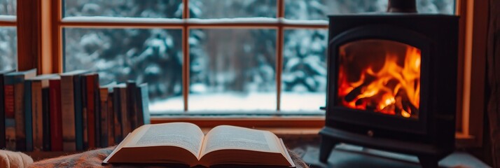 An open book lies on a table by a cozy stove, next to a window framing a snowy landscape, perfect for a reflective mood.
