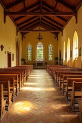 Fototapeta premium The serene interior of an empty chapel showcases wooden benches and stained glass windows, exuding peace and spirituality.