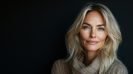 Fototapeta premium Portrait fashion shoot of a beautiful blonde middle aged female model nice contented expression and slight smile on a isolated studio background. Attractive, confident woman smiling softly