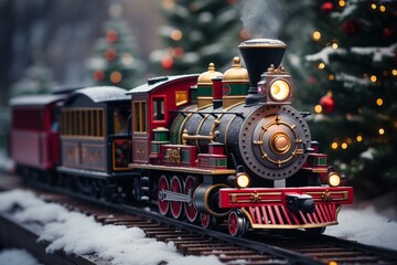 A vintage steam locomotive travels through a festive holiday village adorned with Christmas decorations and snow
