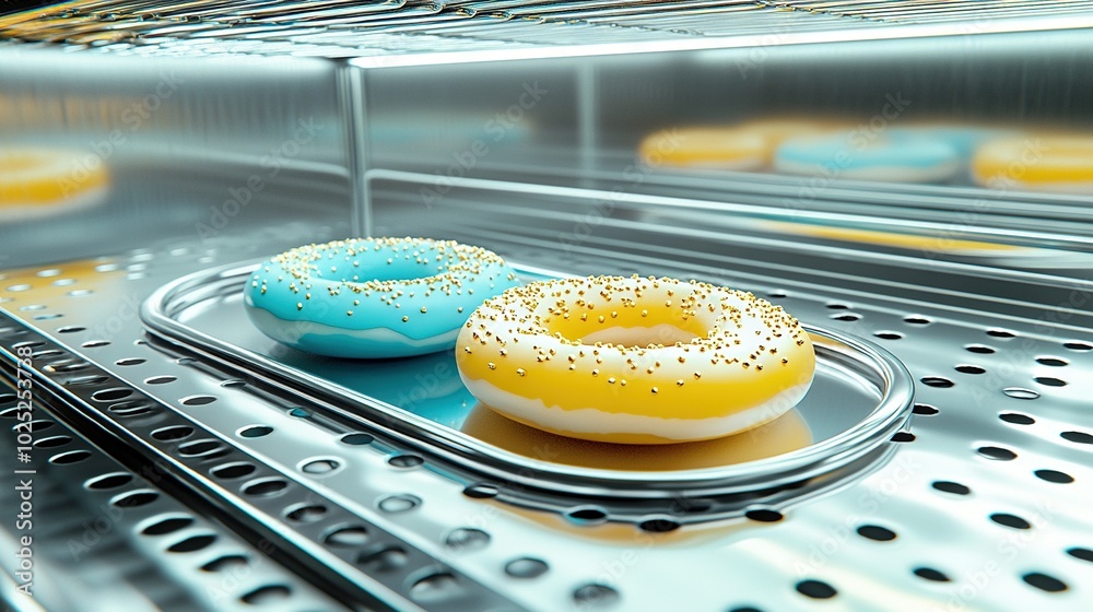 Sticker   A metal tray holds many doughnuts; two sit atop it