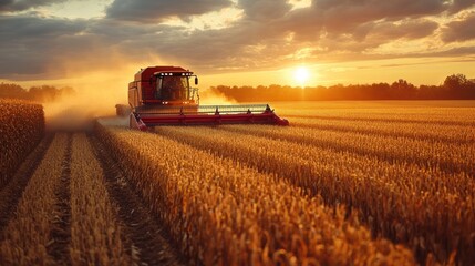Fototapeta premium A red combine harvester working in a field of golden wheat at sunset.