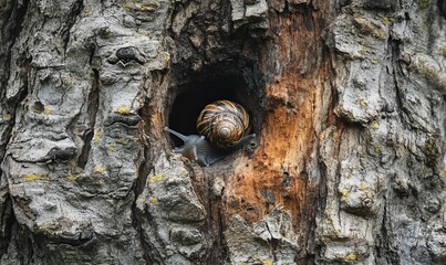 Close up camouflaged snail on tree trunk