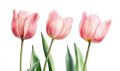 Watercolor illustration of pink tulips on a white background.