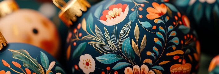 Close-up of a hand-painted Christmas ball ornament with floral designs.