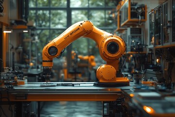 A yellow robotic arm working on a metal part in a modern factory setting.