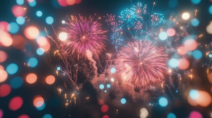 Fototapeta premium A vibrant celebration captured with fireworks bursting over a fairground filled with lights