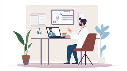 A doctor sits at his desk in a clinic, conducting a virtual appointment with a patient on his laptop
