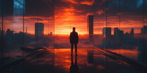 Fototapeta premium A man stands in front of a city skyline at sunset. The sky is orange and the buildings are lit up at night. The man is looking out over the city, taking in the view. The scene is peaceful and serene