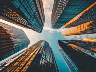 A realistic photo of a major city in the USA, showing a close-up view of skyscrapers from the perspective of a person looking up.