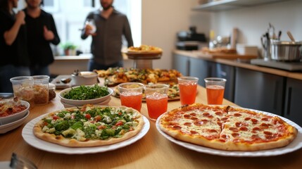 Obraz premium Artisanal pizzas with fresh toppings top view, rustic setting