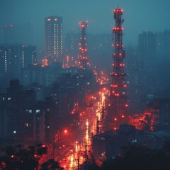 A misty cityscape at night with a tall tower glowing red in the center of the frame.