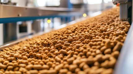 Fototapeta premium Close-up view of brown pellets moving on a conveyor belt in a factory.