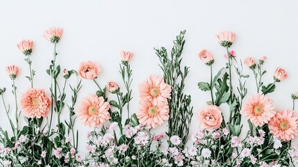   A collection of pink blossoms adorns a white background, with verdant foliage framing the scene