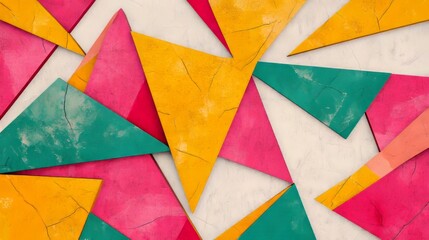 Abstract geometric pattern with yellow, pink and turquoise triangles on a white background.