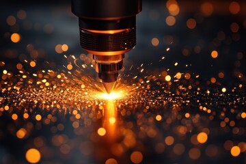Close-up of a laser cutting machine cutting metal with sparks flying.