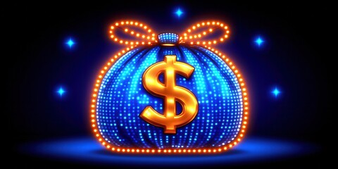 Illuminated digital money bag with golden dollar sign symbol in vibrant blue lighting