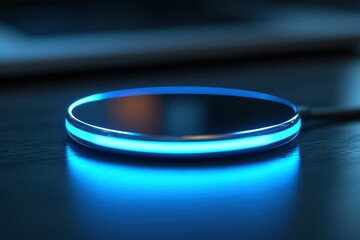 A circular object with a blue light on a dark surface