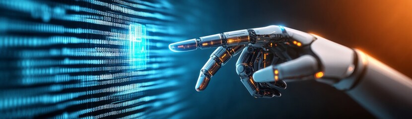 Fototapeta premium A Robotic Hand with Holographic Screens on Its Fingers, Pointing Towards an AI System Interface in the Background