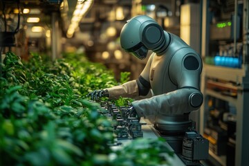 A humanoid robot tending to plants in a futuristic greenhouse setting.