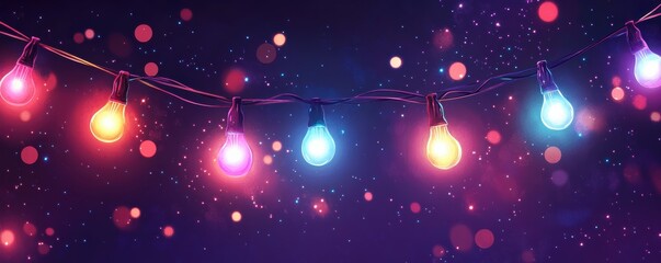 Obraz premium Colorful string lights sparkling in the night against a deep purple background with shimmering bokeh and vibrant luminescence