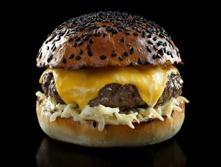 beef burger with coleslaw, melted yellow cheddar on top of beef patty, brioche buns with black and white sesame, fullhd, realistic photo, professional food photography -