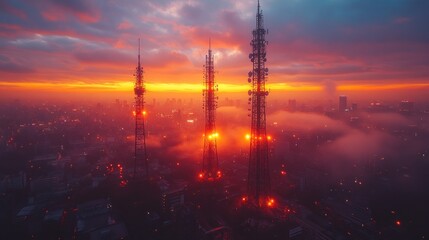 Three tall communication towers silhouetted against a dramatic sunset with a city in the background.