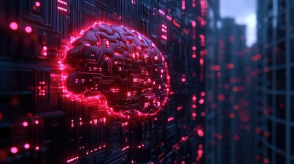 A glowing red brain made of circuitry against a black background with a blurred cityscape.
