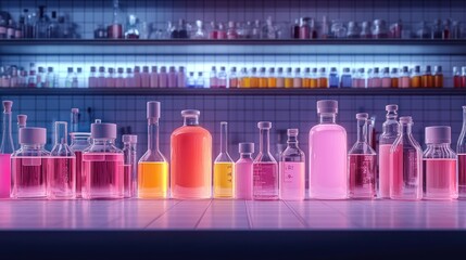 A row of colorful glass bottles filled with liquids on a laboratory countertop, with shelves of similar bottles in the background.