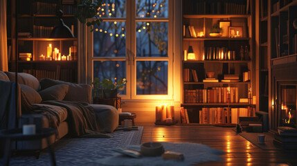 A cozy evening in a warm living room with a fireplace, shelves of books, and soft lighting creating a relaxing atmosphere