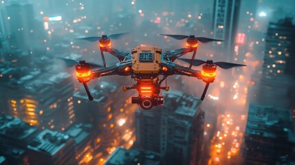 Obraz premium A drone flying over a city at night, illuminated by streetlights.