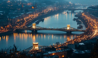 Naklejka premium Closeup view of the city and bridge in the evening