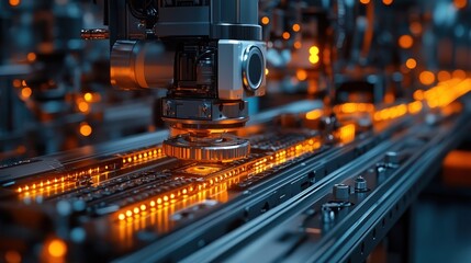 Fototapeta premium Close-up of an automated robotic arm assembling a circuit board on an assembly line with orange lights.