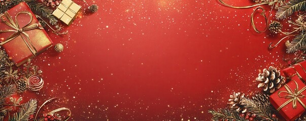 Festive Christmas card design with red background, gold accents, and seasonal decorations including pine cones and gift boxes in elegant arrangement for holiday greetings