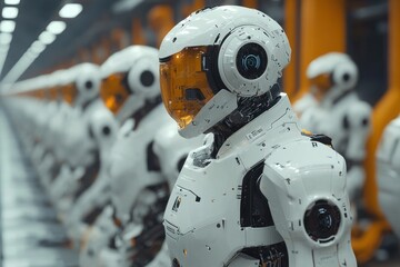 A row of white robots in a futuristic industrial setting.