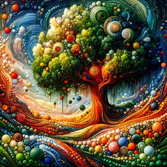 Naklejka premium A tree bursts with vibrant, swirling colors and intricate patterns, set against a background of flowing shapes and textures. The scene is alive with energy, in this dreamlike landscape. (Gen, A.I.)