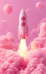 Rocket launching amidst pink clouds with planets in background, emitting vibrant glow