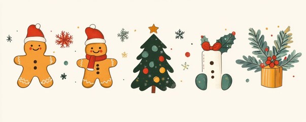 Naklejka premium A charming set of illustrated Christmas icons featuring whimsical gingerbread characters, a festively decorated tree, and holiday-themed gifts