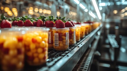 A close-up of a conveyor belt with jars of fruit in a food processing plant.