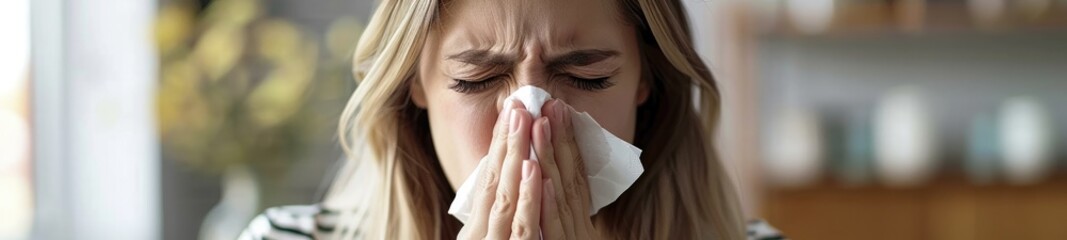Allergy Woman Blowing Her Nose into a Tissue