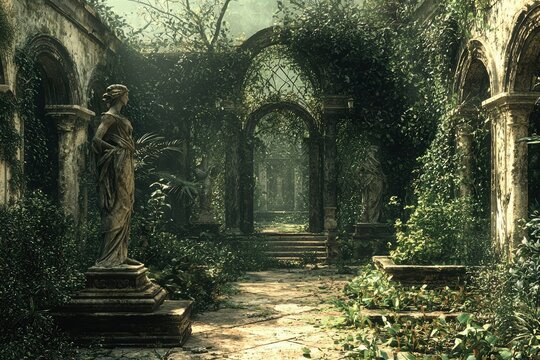 Overgrown Stone Archway with Statue in a Lush Garden