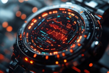 A futuristic smartwatch with a digital display showing a heart rate monitor.