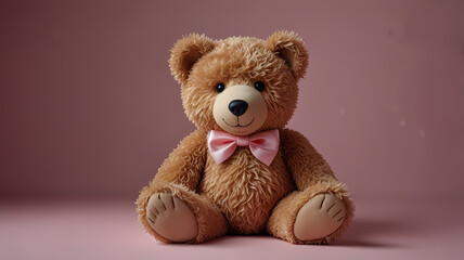 A cute brown teddy pink sitting on a white surface, showcasing its soft, fluffy fur and cuddly appearance, perfect for gifts and childhood memories