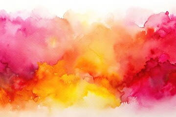 asymmetrical, vibrant colors, An exquisite abstract watercolor painting featuring vibrant shades of pink red orange and yellow contrasting against a serene white background