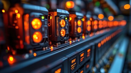 Obraz premium Close-up of a server rack with glowing orange lights.