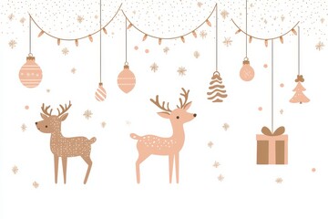 Festive  illustration featuring reindeer and Christmas ornaments in a minimalist style