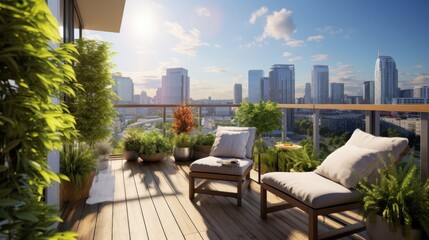 Fototapeta premium A vibrant, plant-filled balcony offers a tranquil retreat with cozy chairs and breathtaking city views beneath a warm afternoon sun.